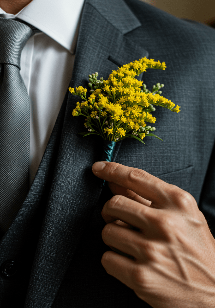 Groom adjusting bright goldenrod and solidago boutonniere on charcoal suit in dressing room