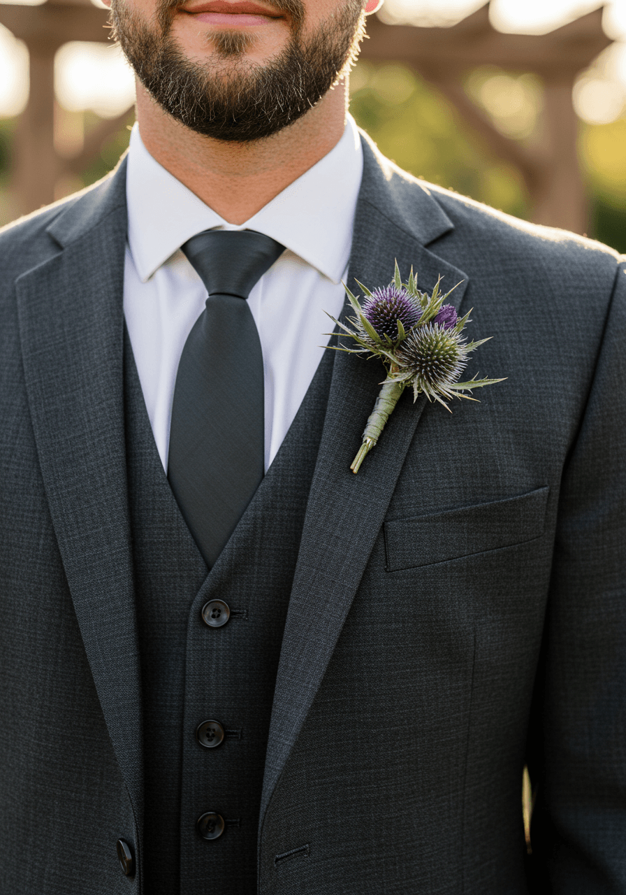 Groom in charcoal three-piece suit with purple artichoke thistle boutonniere in rustic venue