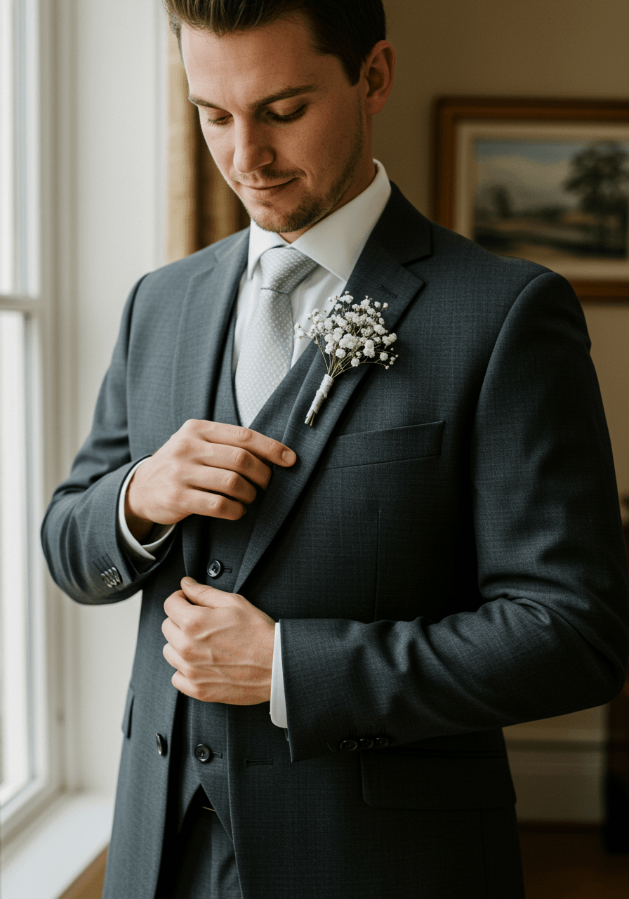 Groom in charcoal suit adjusting white baby's breath boutonniere in elegant hotel suite