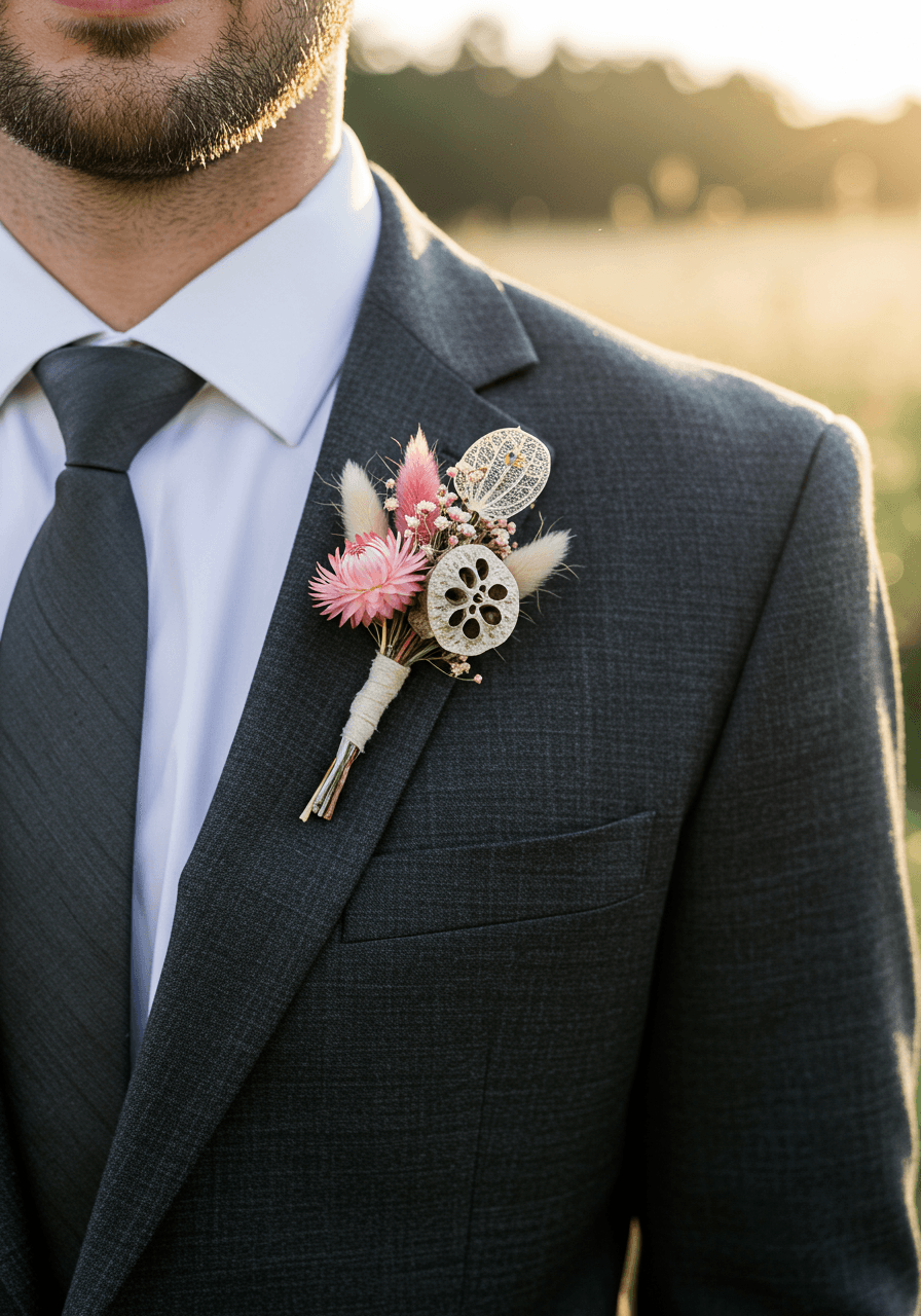 Groom in charcoal suit with dried strawflower and lunaria pod boutonniere in misty garden