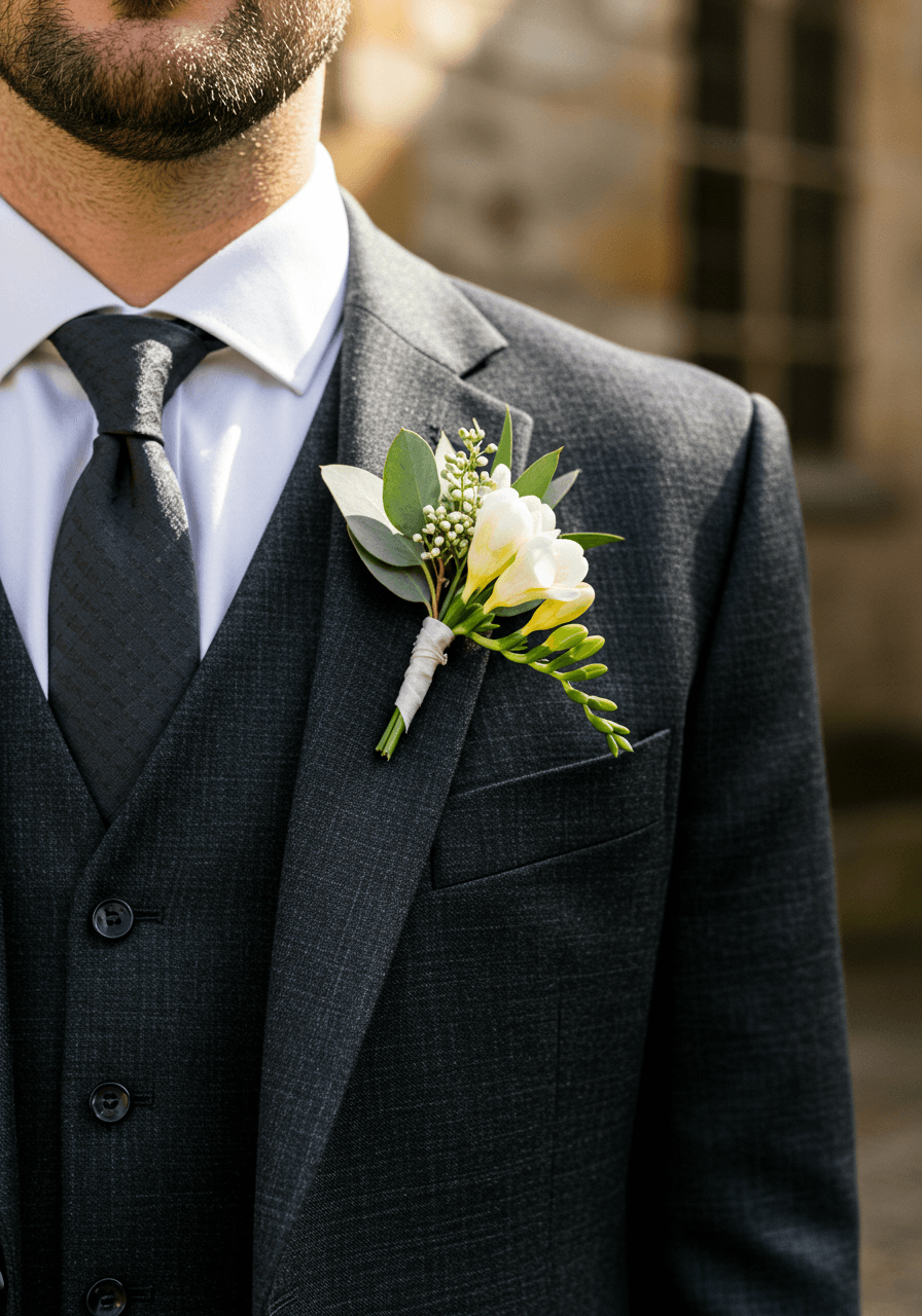 Groom in charcoal three-piece suit with white freesia and eucalyptus boutonniere in garden