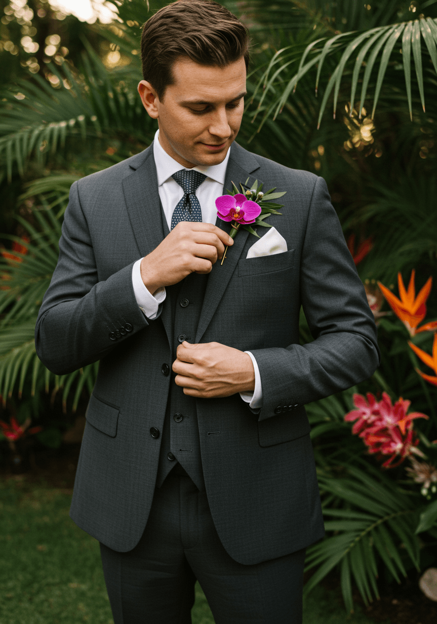 Groom adjusting vibrant purple orchid boutonniere while standing in lush tropical garden