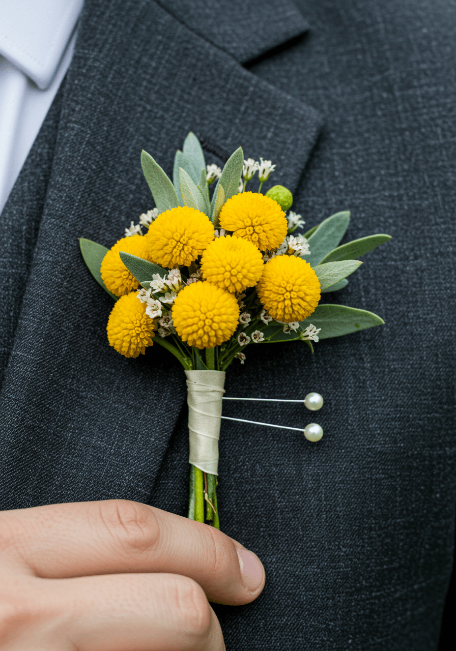 Bright yellow billy ball craspedia boutonniere with white accent flowers pinned to charcoal suit