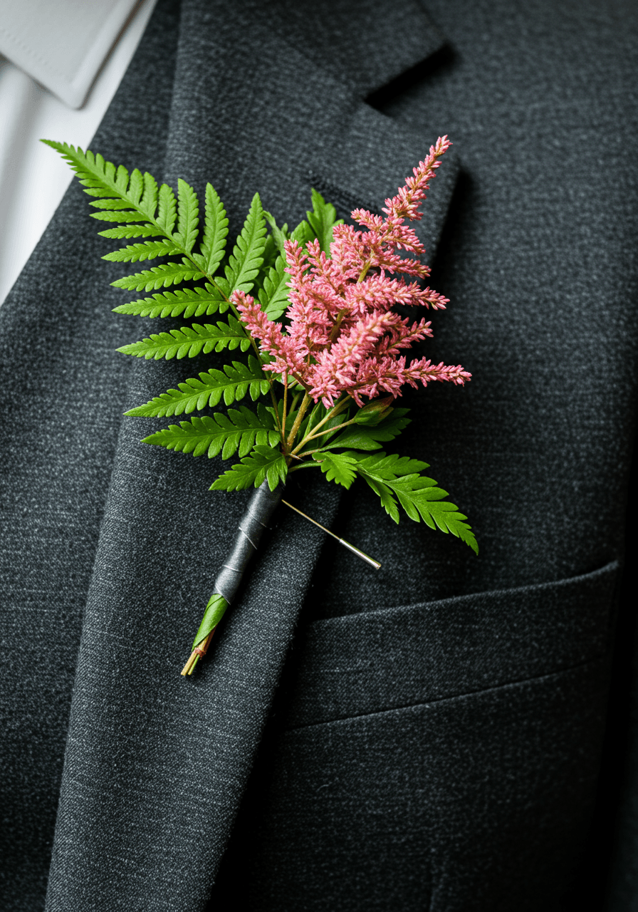 Bright green fern and pink astilbe boutonniere pinned to charcoal gray suit lapel