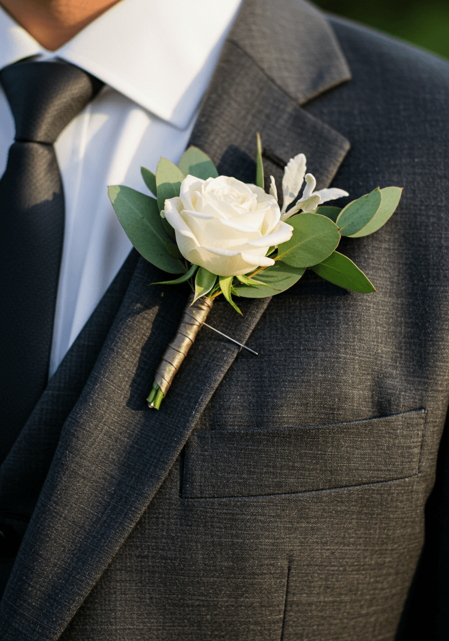 Close-up detail of white rose boutonniere with eucalyptus leaves pinned to charcoal gray suit lapel during golden hour
