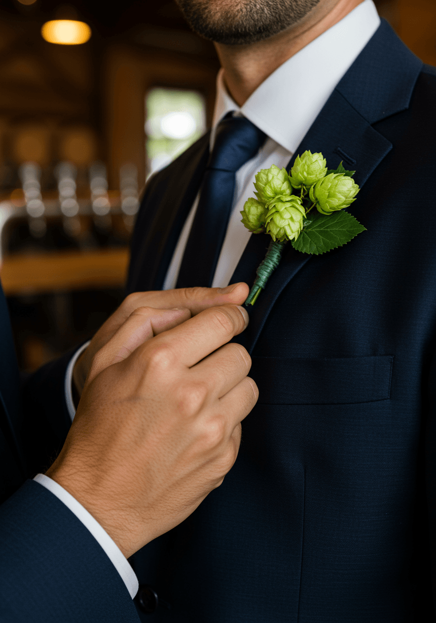 Close-up of groom adjusting fresh hop flower boutonniere on navy suit lapel in brewery