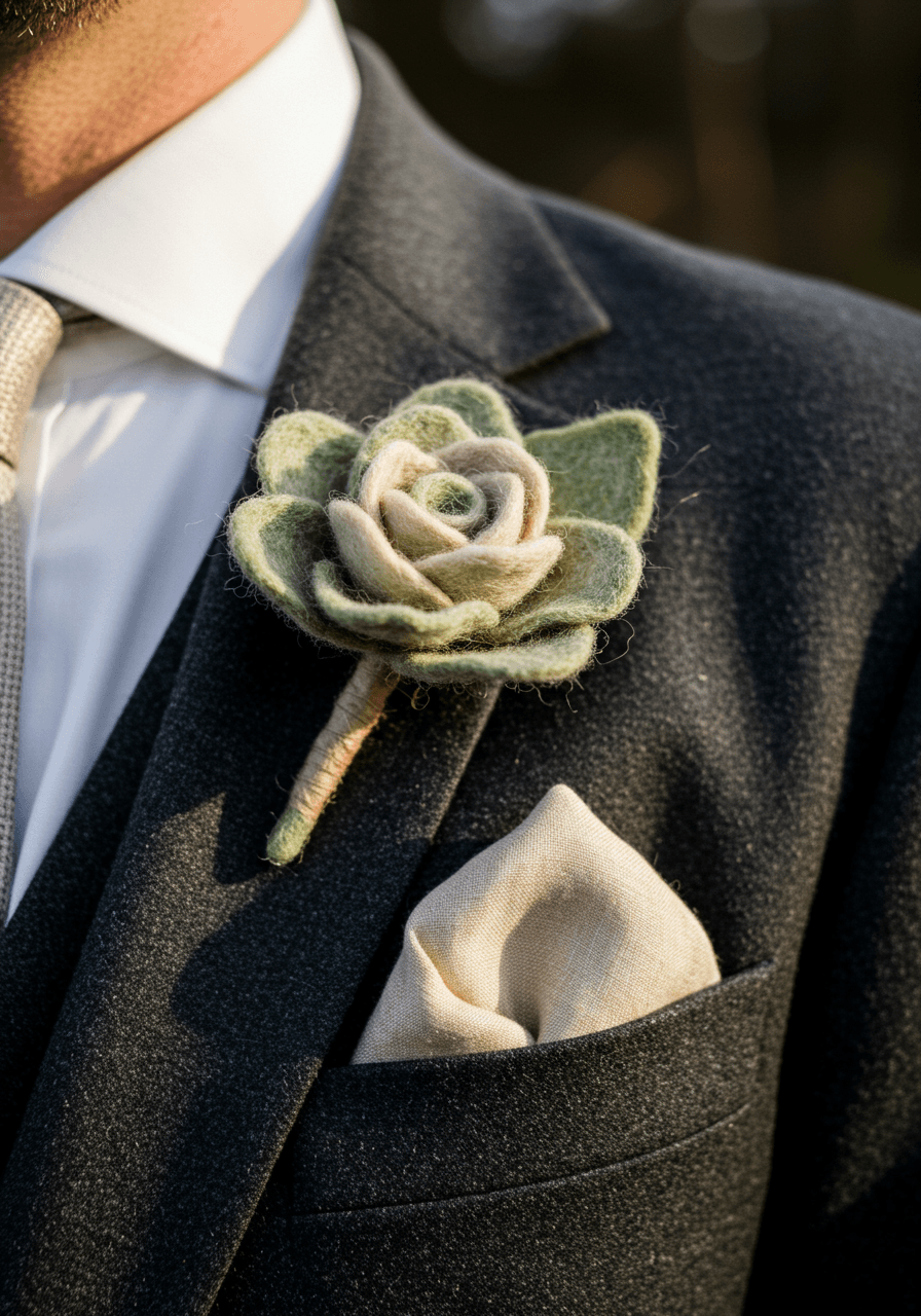 Hand-felted cream and sage woolen flower boutonniere pinned to charcoal wool suit lapel