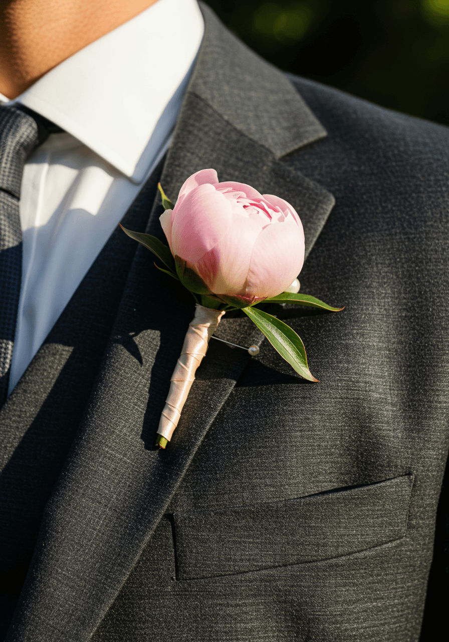 Pale pink peony bud boutonniere pinned to charcoal wool suit lapel in sunlit garden