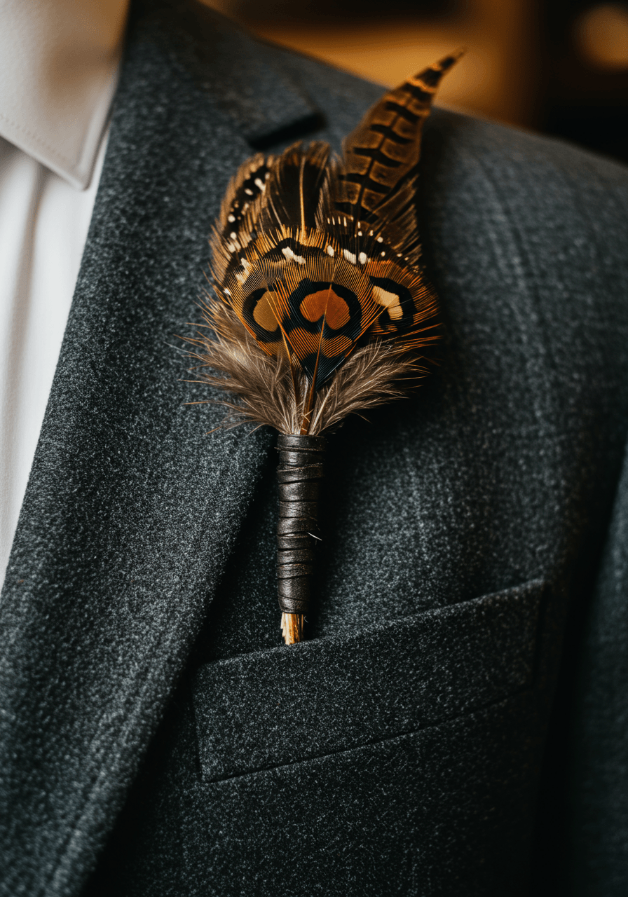 Brown pheasant feather boutonniere wrapped with dark leather cord pinned to charcoal wool suit