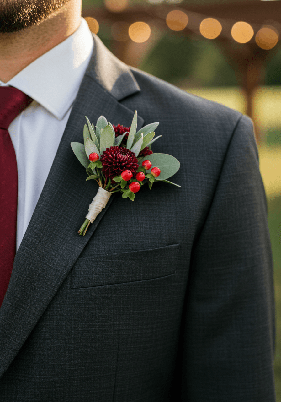 Groom in charcoal suit with red hypericum berry and eucalyptus boutonniere in rustic venue