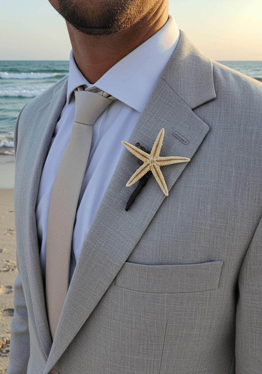 Single starfish boutonniere pinned to light linen suit jacket on sandy beach setting