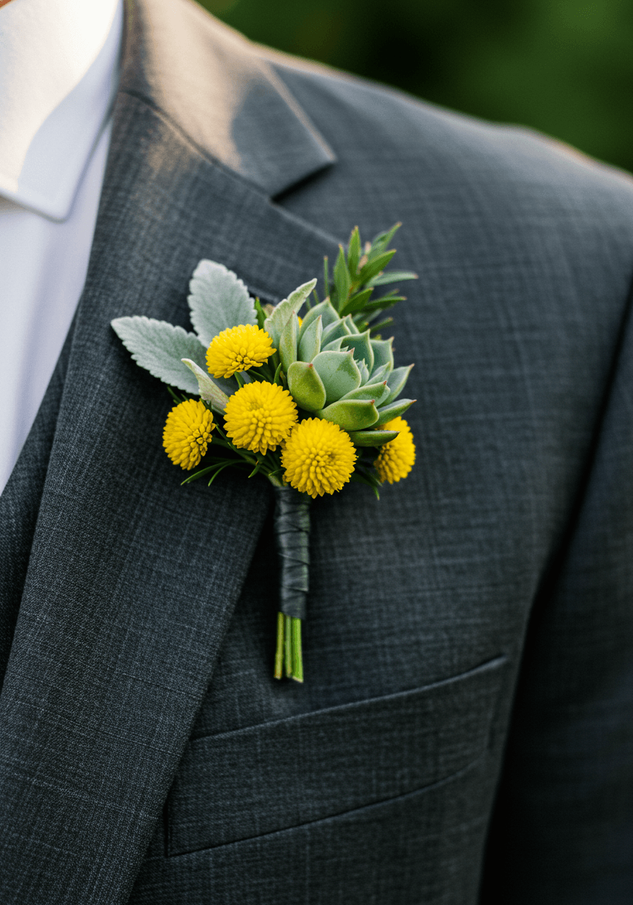Green succulent and yellow craspedia billy ball boutonniere pinned to charcoal gray suit lapel