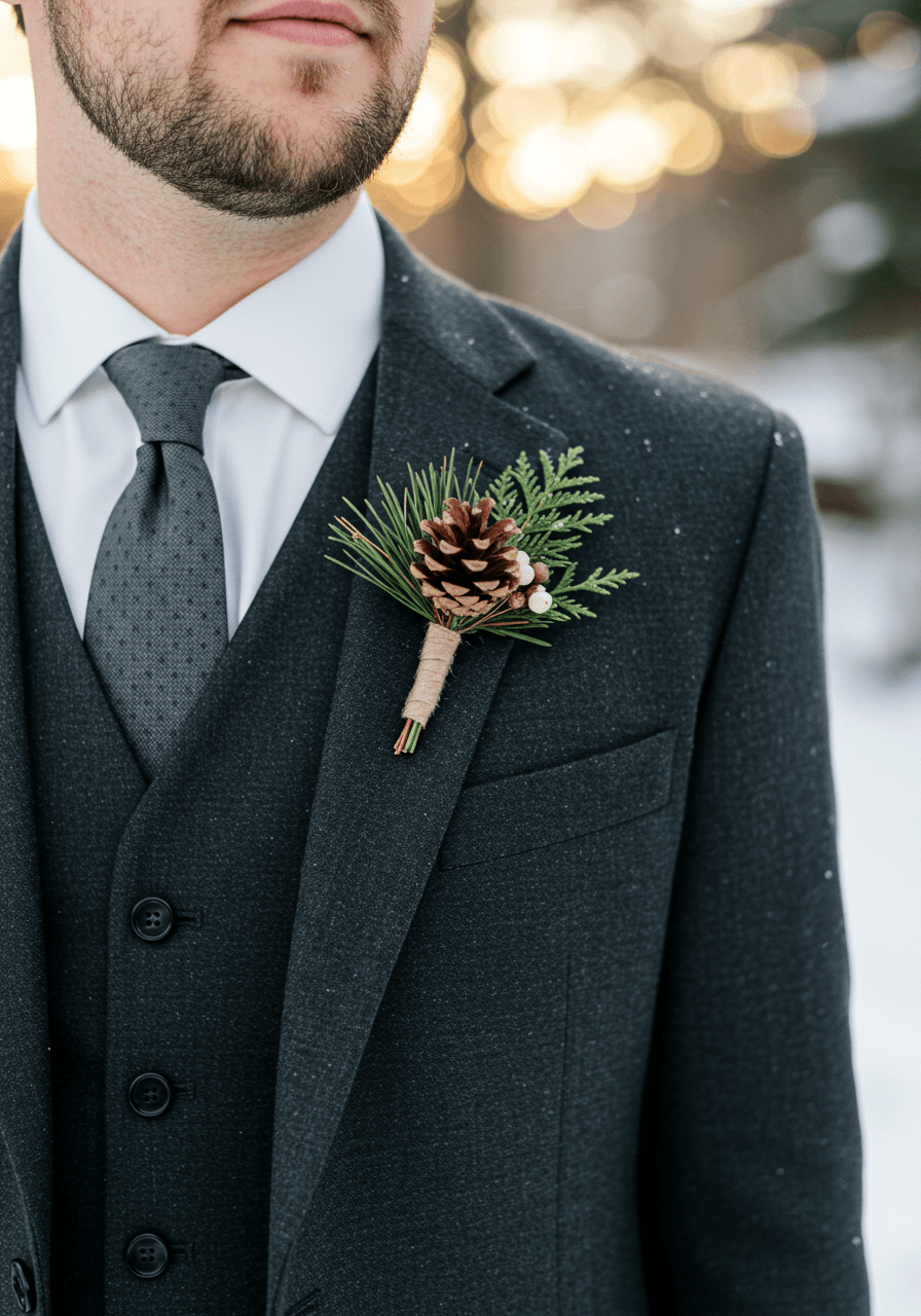 Groom in charcoal suit with pinecone and cedar sprig boutonniere standing in winter garden