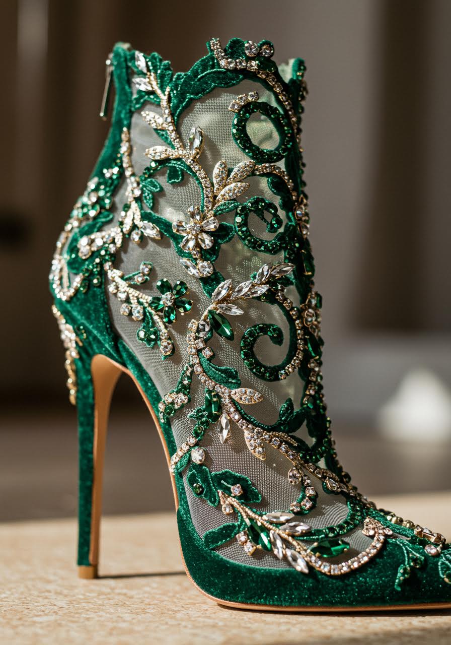 Forest emerald vine wedding bootie with enchanted woodland crystal embellishments