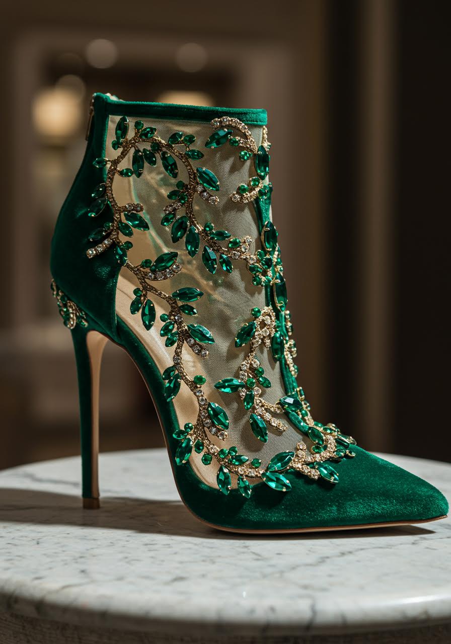 Luxury emerald crystal vine stiletto wedding shoe with intricate botanical embellishments