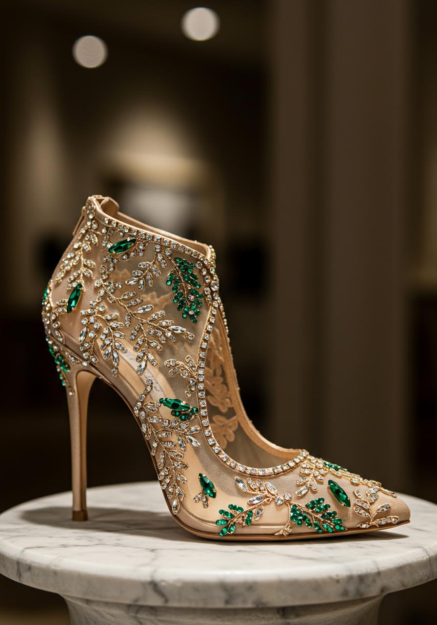 Golden fern crystal wedding stiletto with intricate botanical leaf patterns