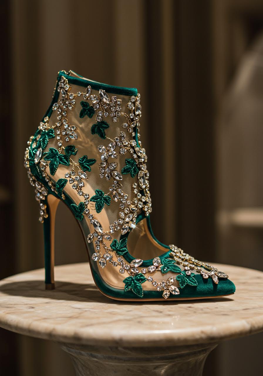 Luxury emerald and gold crystal ivy vine wedding stiletto with botanical motifs