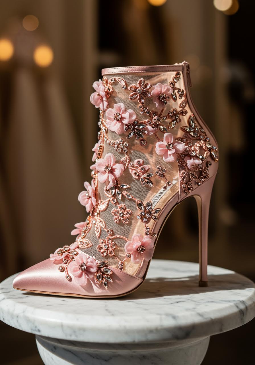 Morganite pink blossom wedding heel with delicate crystal flower embellishments
