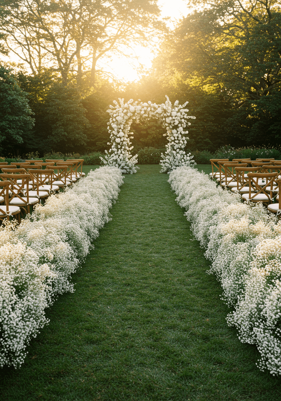Ethereal baby's breath wedding aisle creating cloud-like borders in golden sunset light