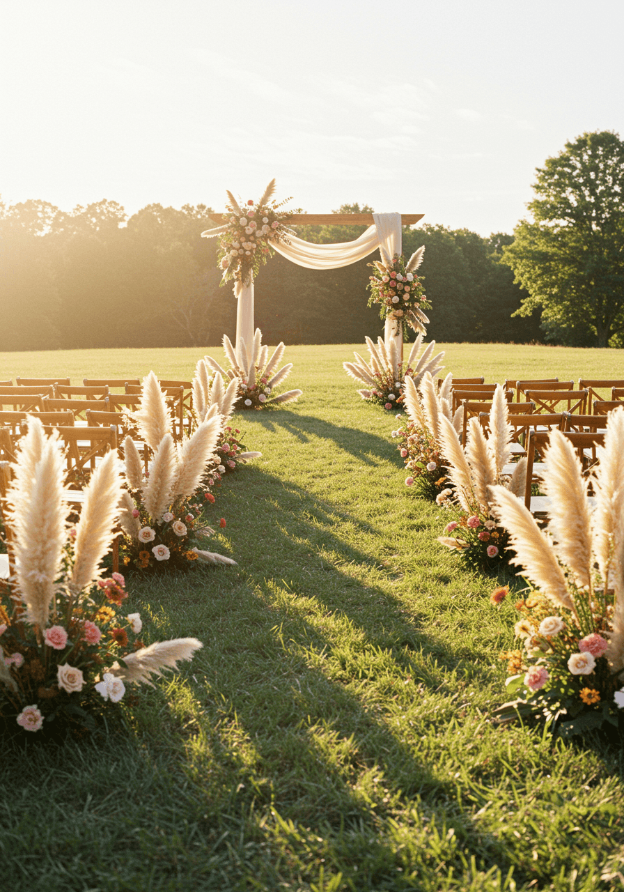 Bohemian meadow wedding with towering pampas grass creating natural aisle boundaries
