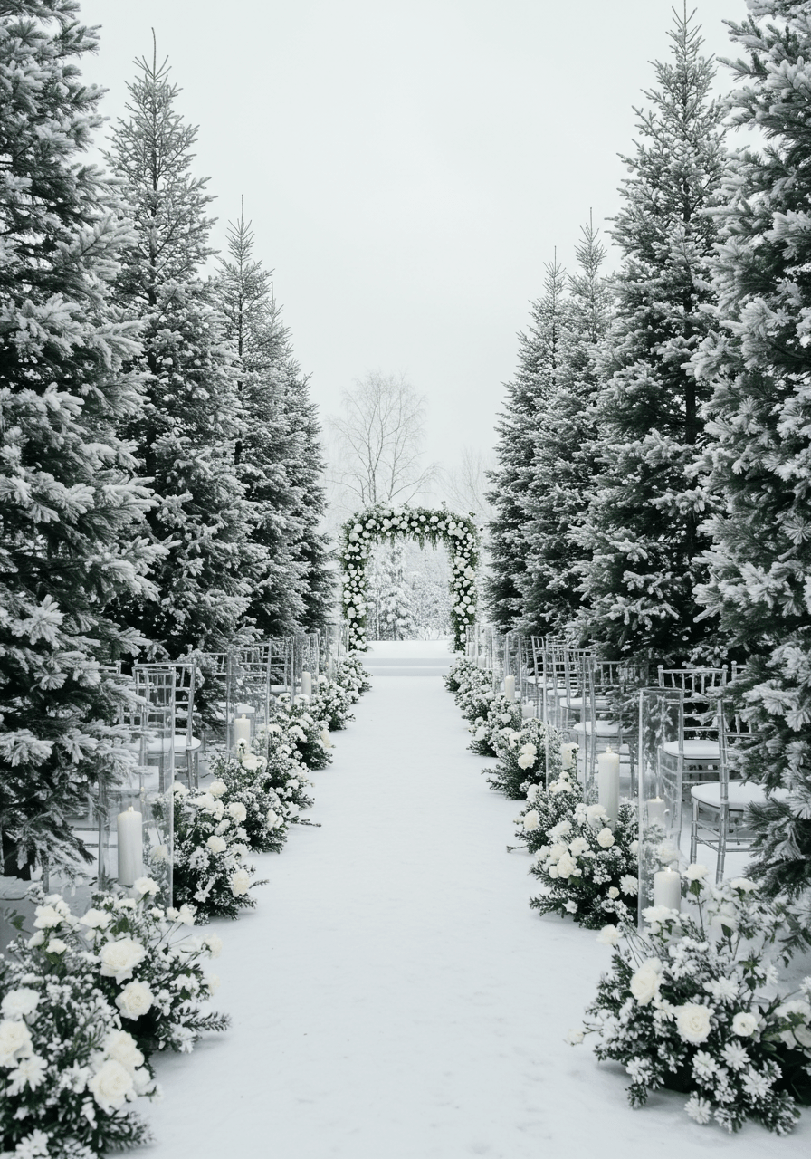 Magical winter wedding aisle through snow-covered pine trees with crystalline frost details