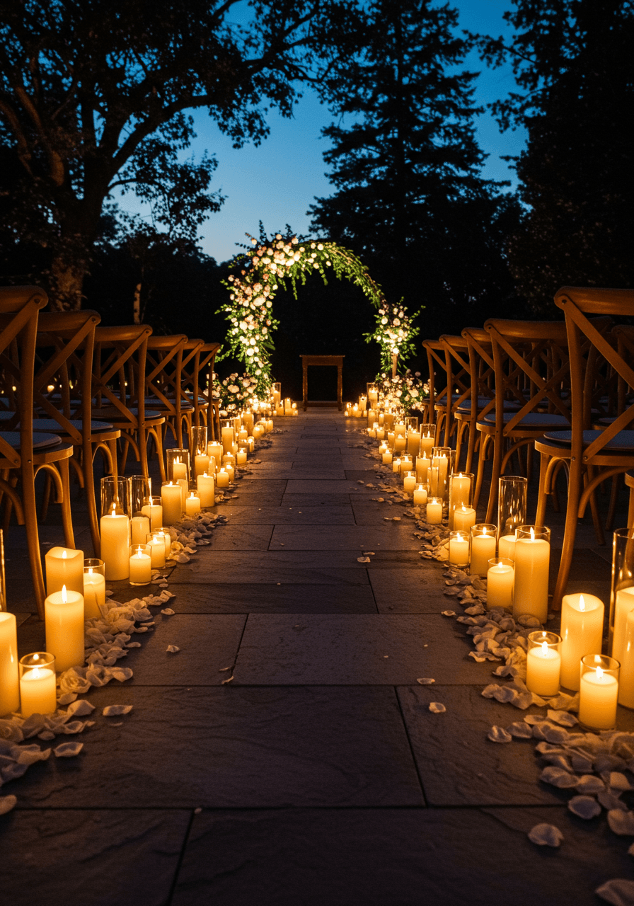 Romantic candlelit garden wedding aisle with hundreds of glowing candles creating twilight ambiance