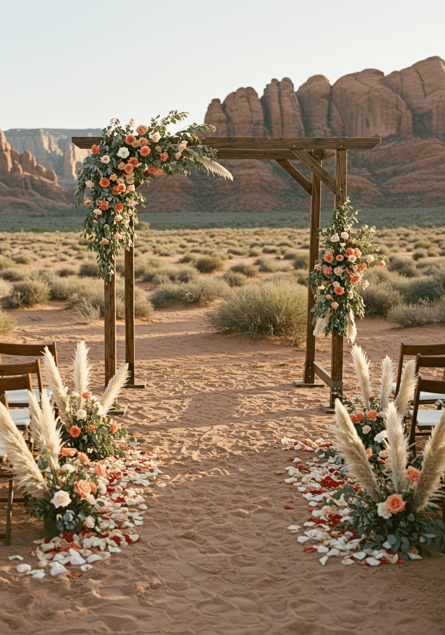 Desert wedding ceremony with modern deconstructed floral arch against mountain landscape