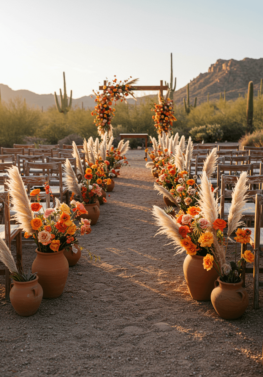 Southwestern desert wedding with sunset-coloured pottery and cacti creating warm aisle design