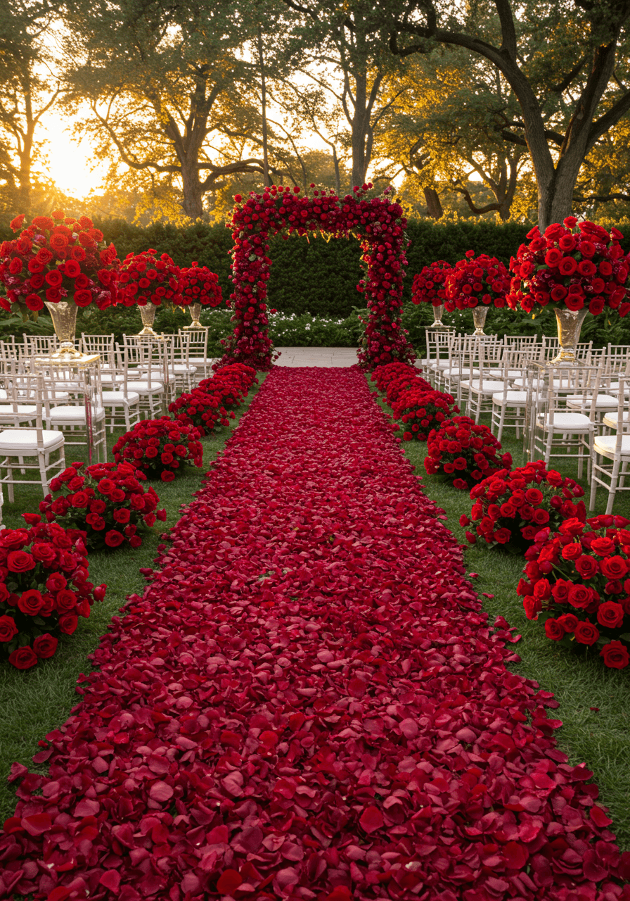 Dramatic red rose wedding aisle with deep crimson petals creating luxurious carpet