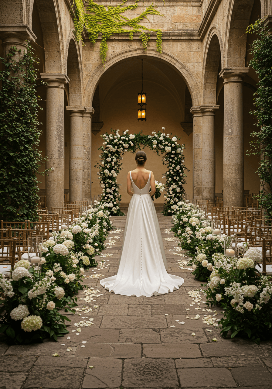 Elegant European courtyard wedding with formal gardens and classical architecture backdrop