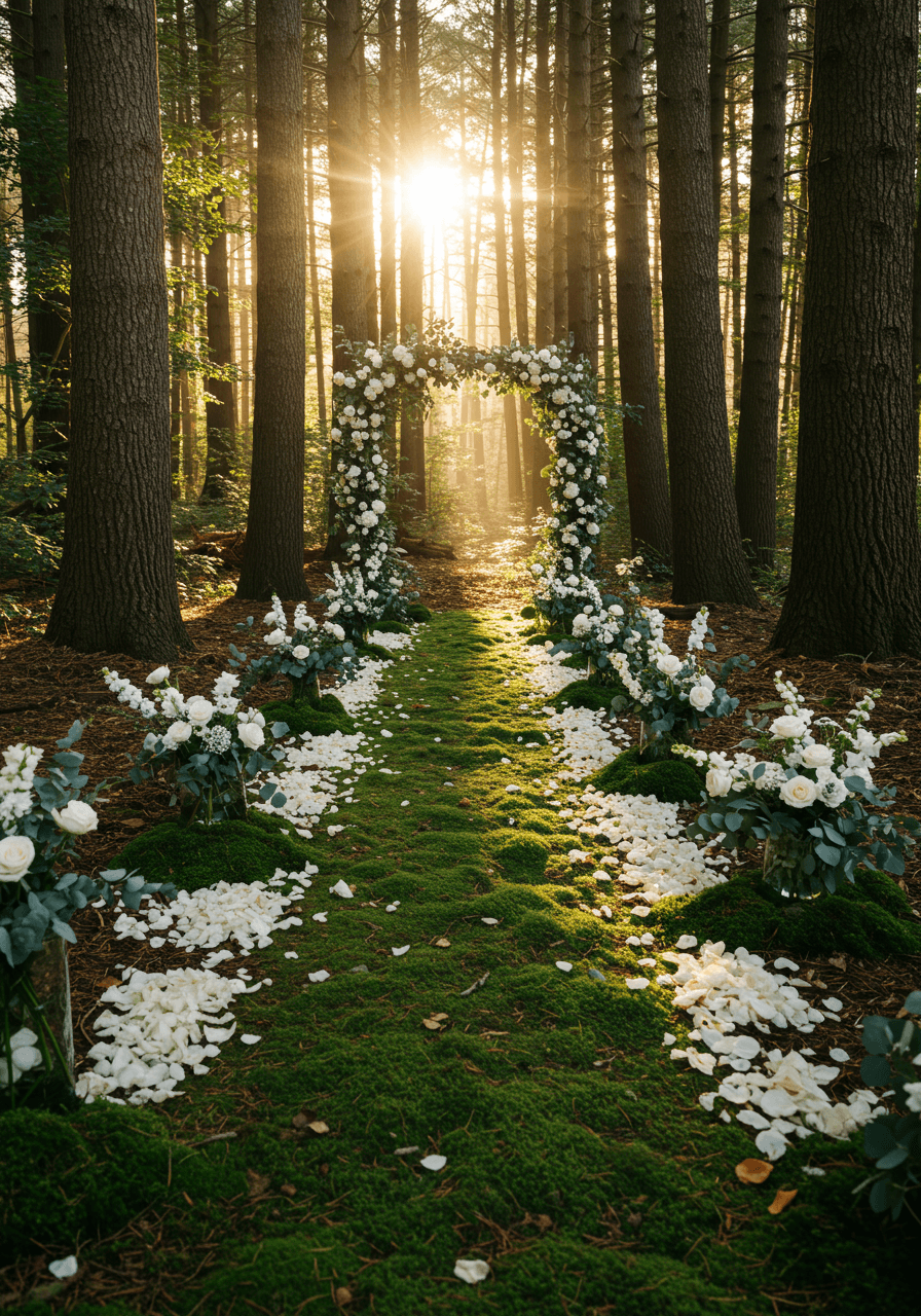 Mystical forest wedding aisle with moss-covered ground and towering ancient trees