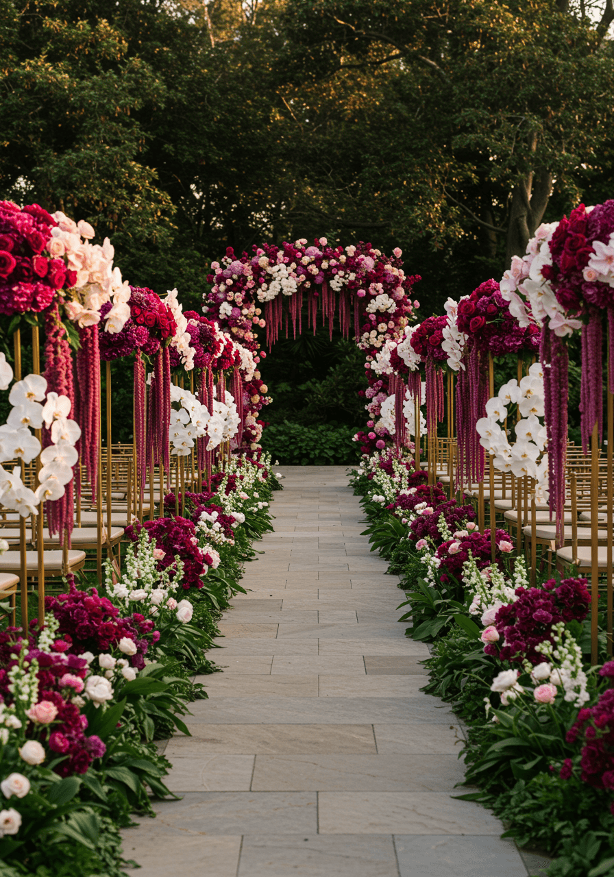 Exotic wedding aisle with hanging burgundy amaranthus and cascading orchids creating tropical luxury