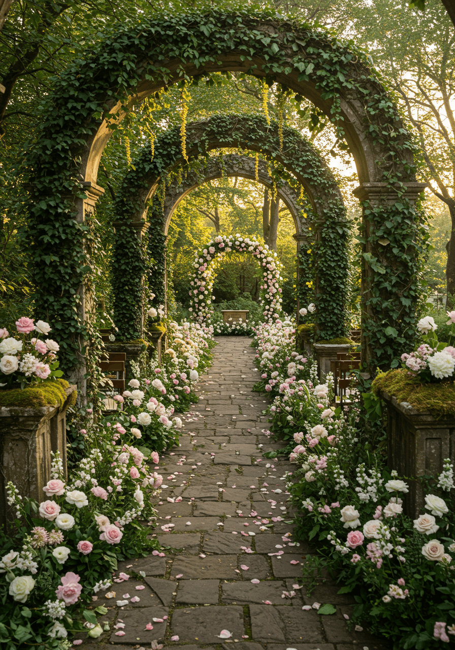 Overgrown secret garden wedding with wild roses and climbing vines creating natural archway
