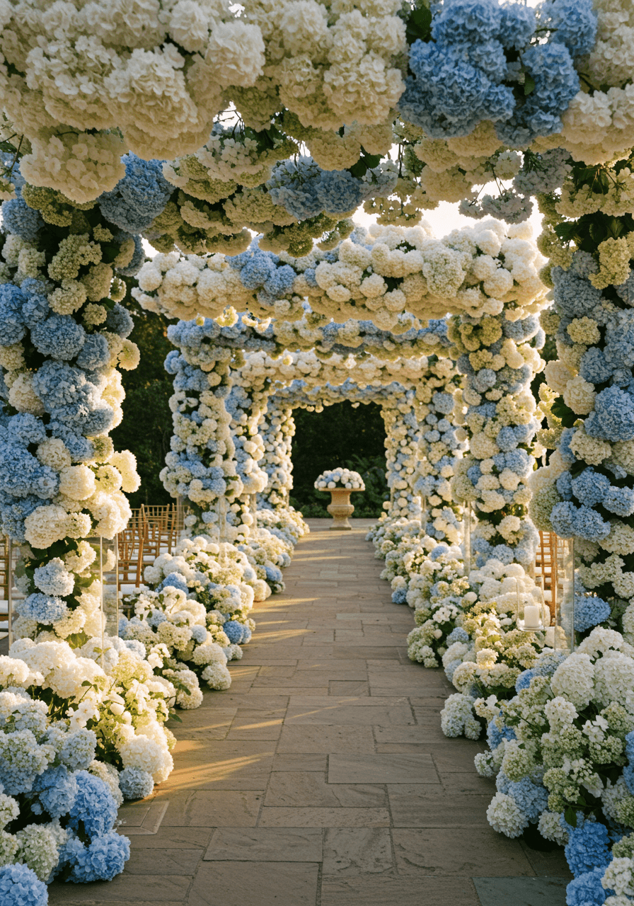 Dreamy hydrangea wedding aisle with massive blue and white blooms creating cloud-like borders