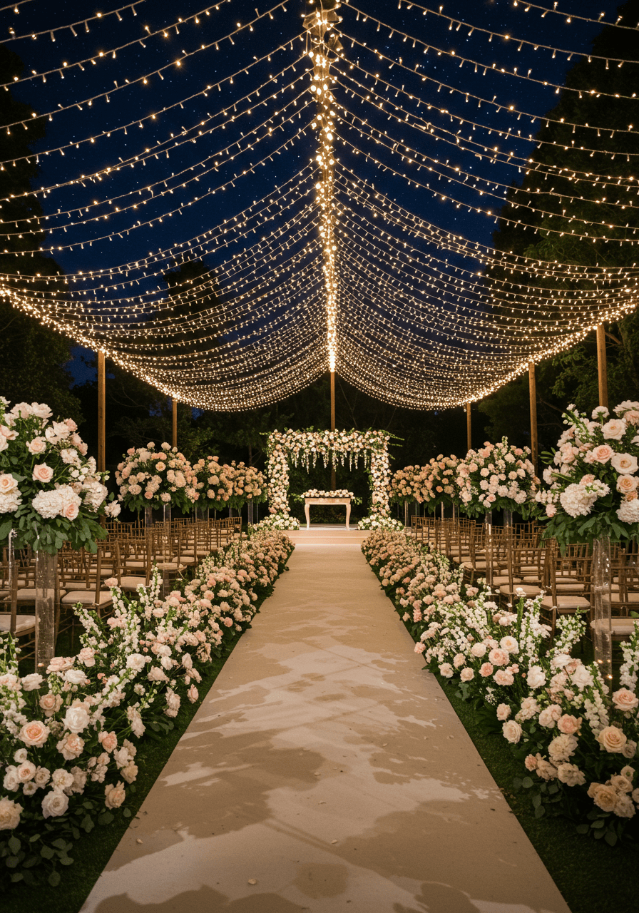 Magical evening wedding aisle with thousands of twinkling lights creating starlit pathway