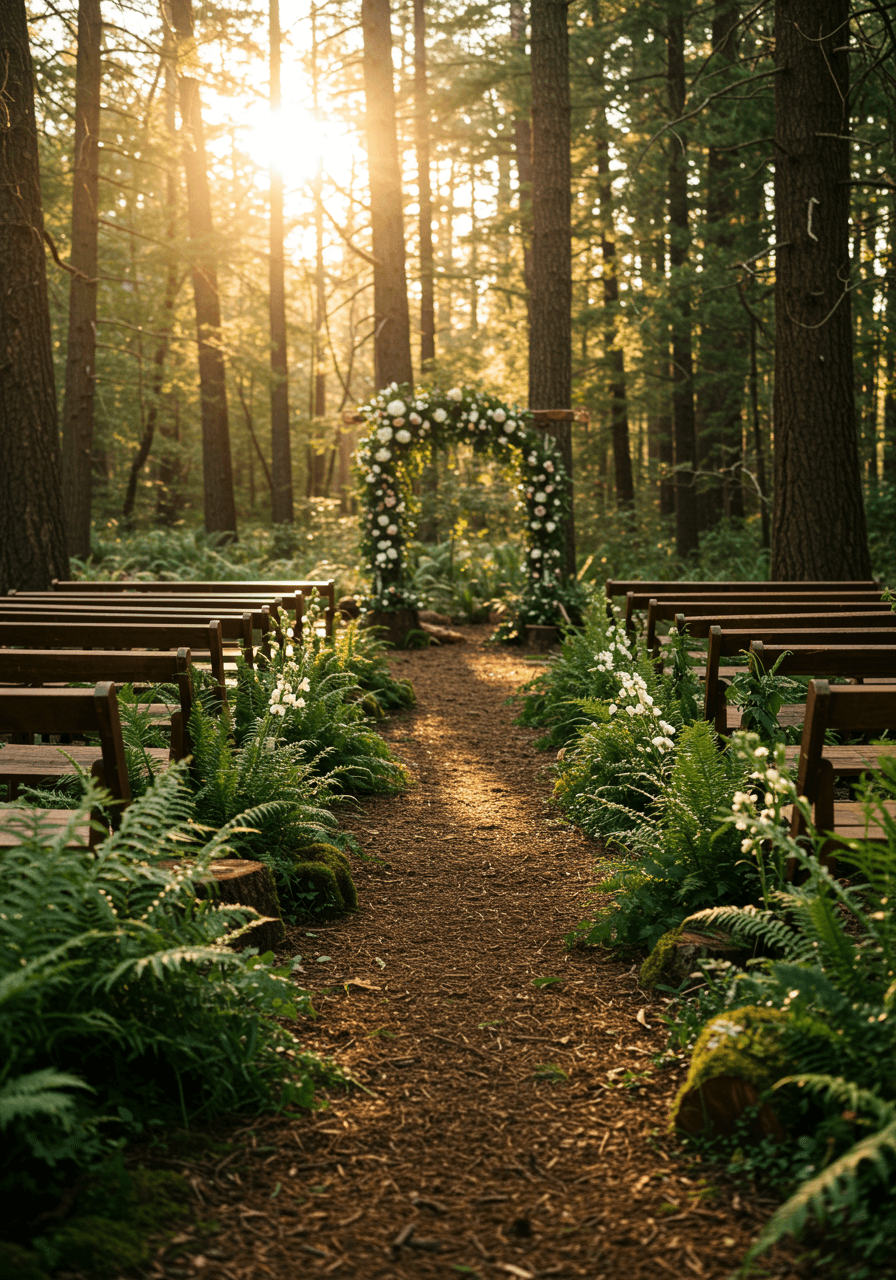 Enchanted woodland wedding path lined with lush ferns and dappled forest light