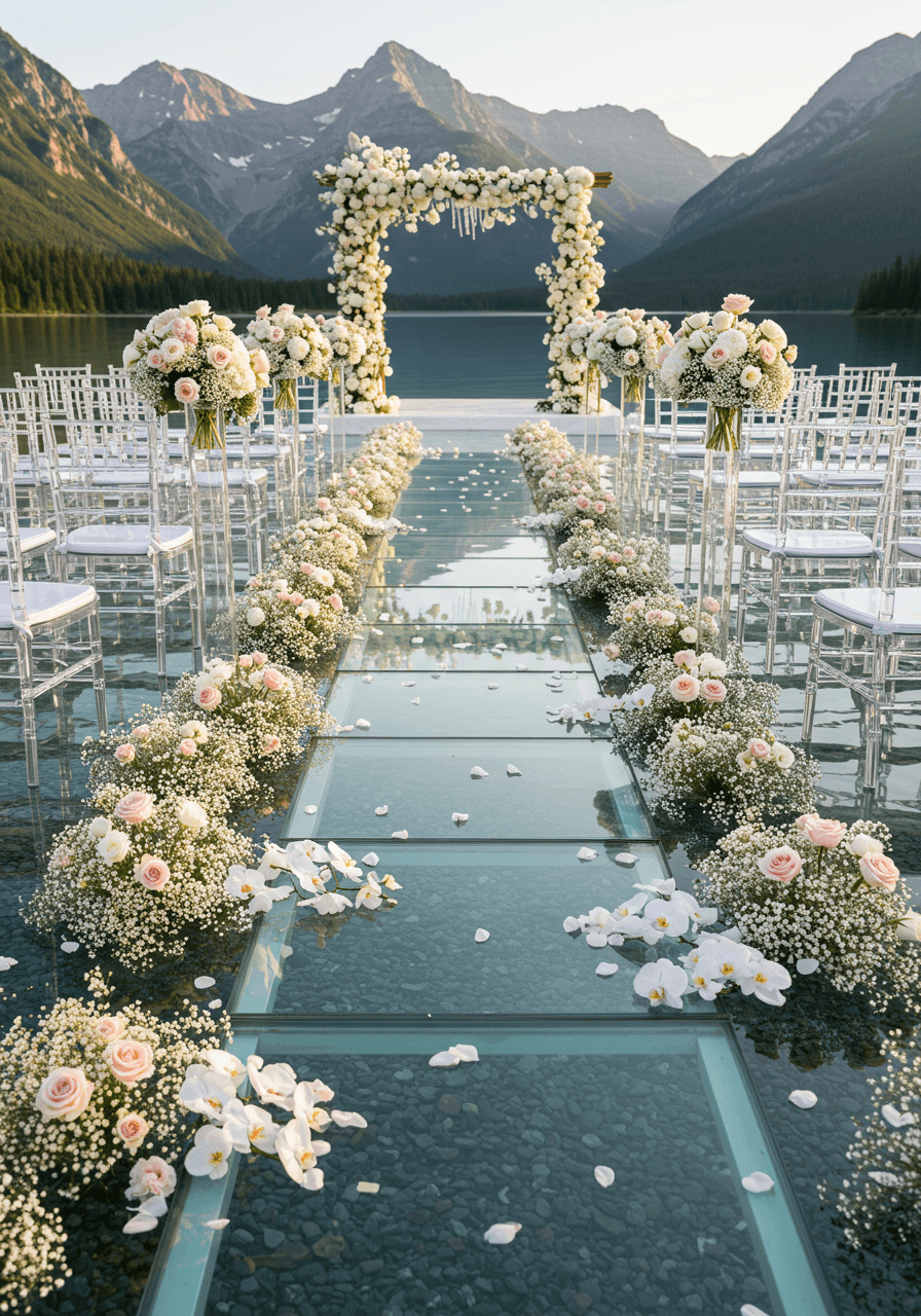 Magical floating wedding aisle over mountain lake with transparent platform and floral arrangements