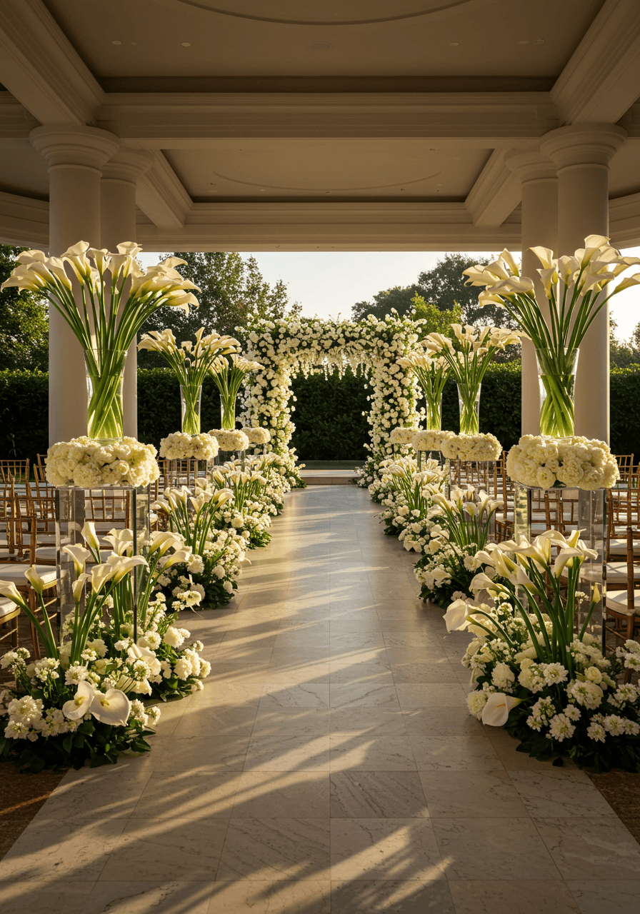 Modern calla lily wedding aisle with sculptural white blooms arranged in contemporary design