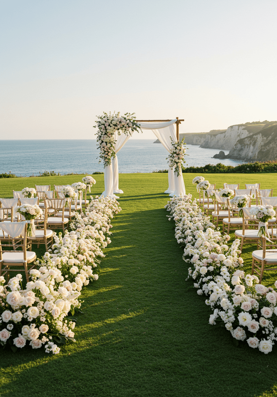 Clifftop coastal wedding with ocean views and grass aisle bordered by white flowers