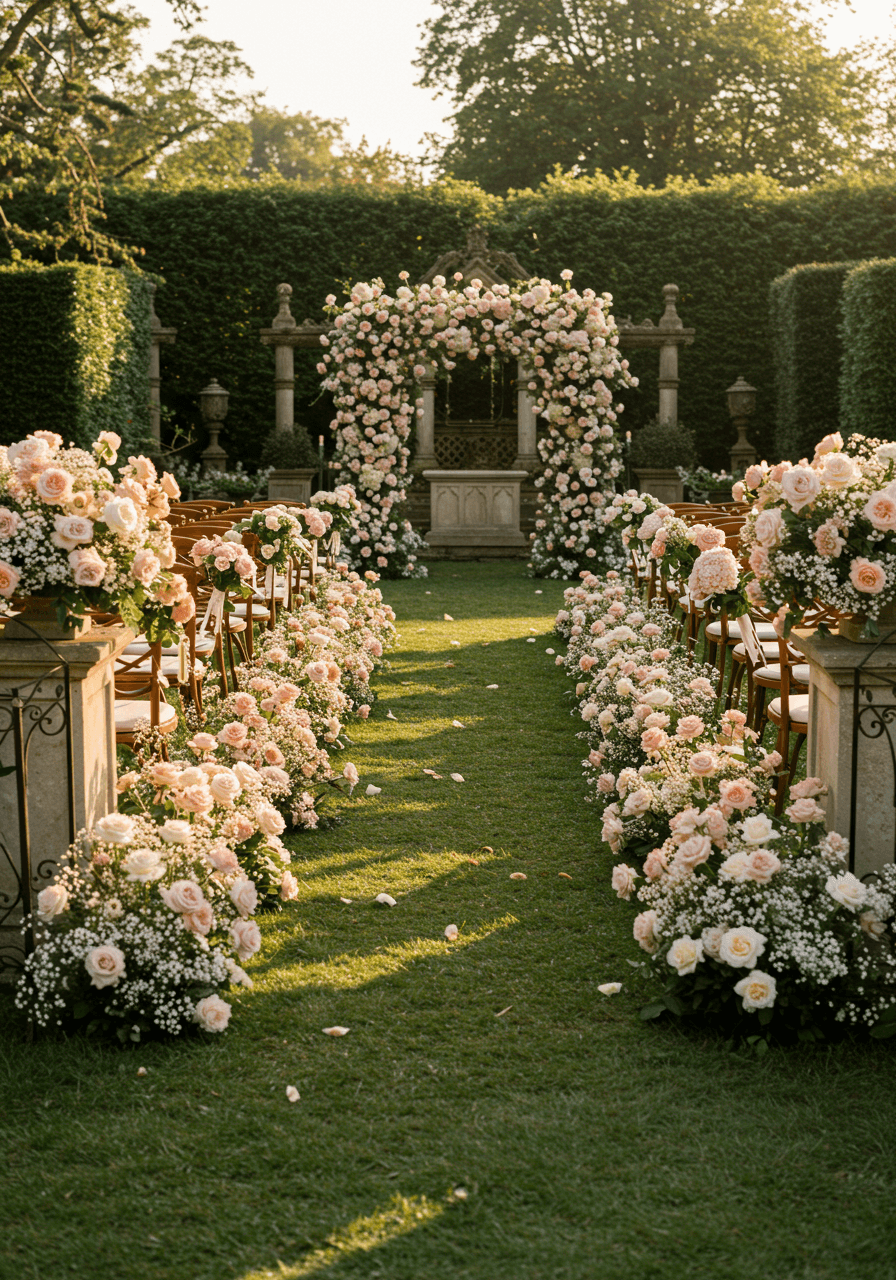 Classic English rose garden ceremony with overflowing pink and white roses forming aisle borders