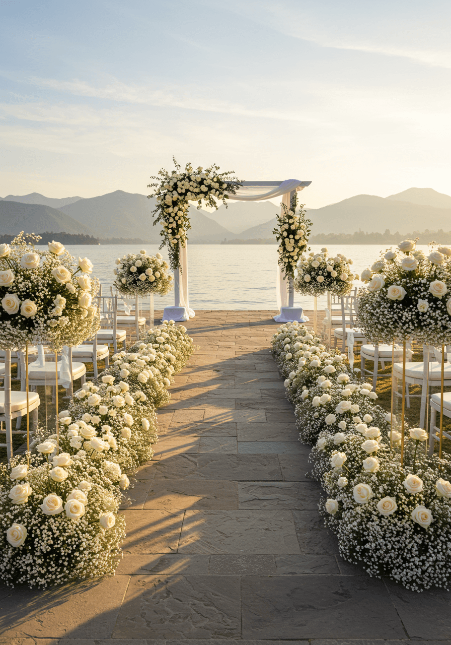Golden hour lakeside wedding ceremony with floral aisle petals and serene mountain backdrop