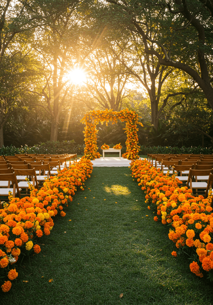 Warm marigold garden wedding aisle with golden orange flowers glowing in sunset light