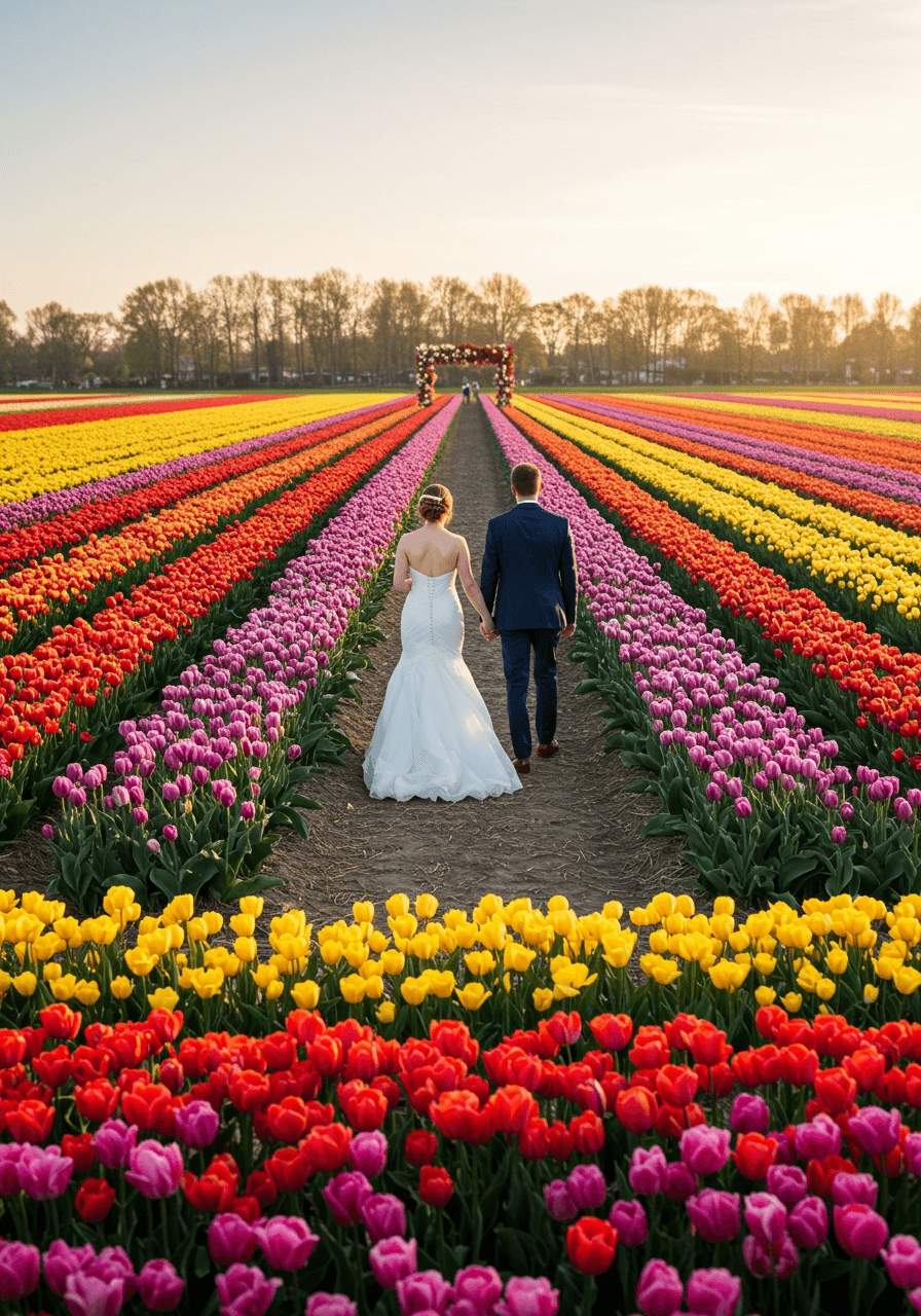 Vibrant tulip field wedding with rows of colourful spring blooms creating natural aisle