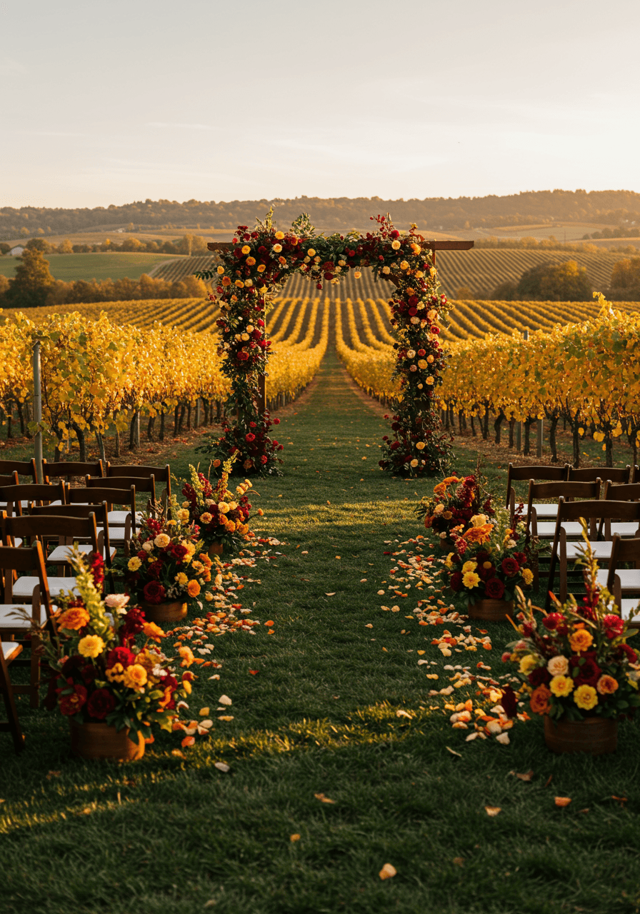 Autumn vineyard wedding ceremony with golden vine leaves and rolling hills backdrop