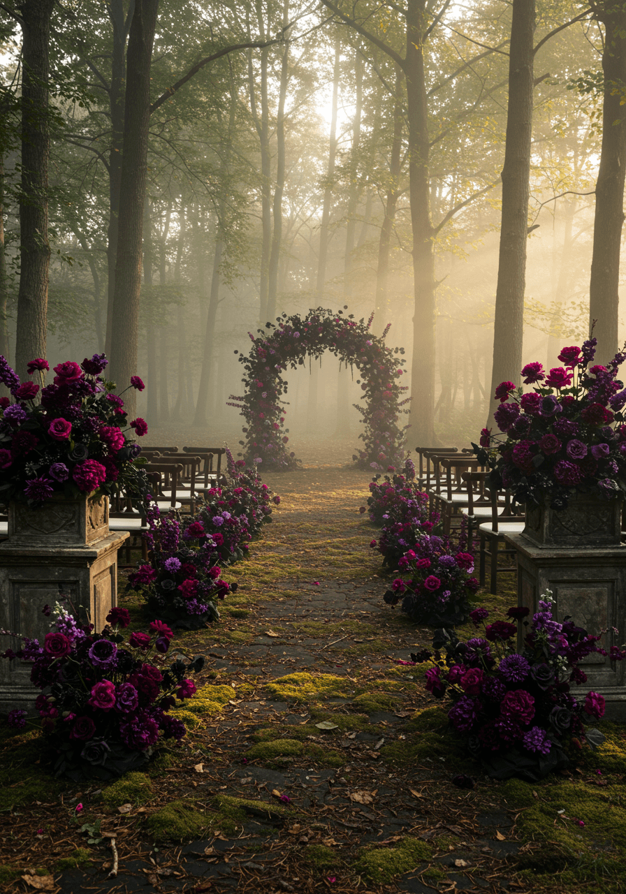 Dramatic gothic forest wedding with deep burgundy and purple flowers creating moody aisle