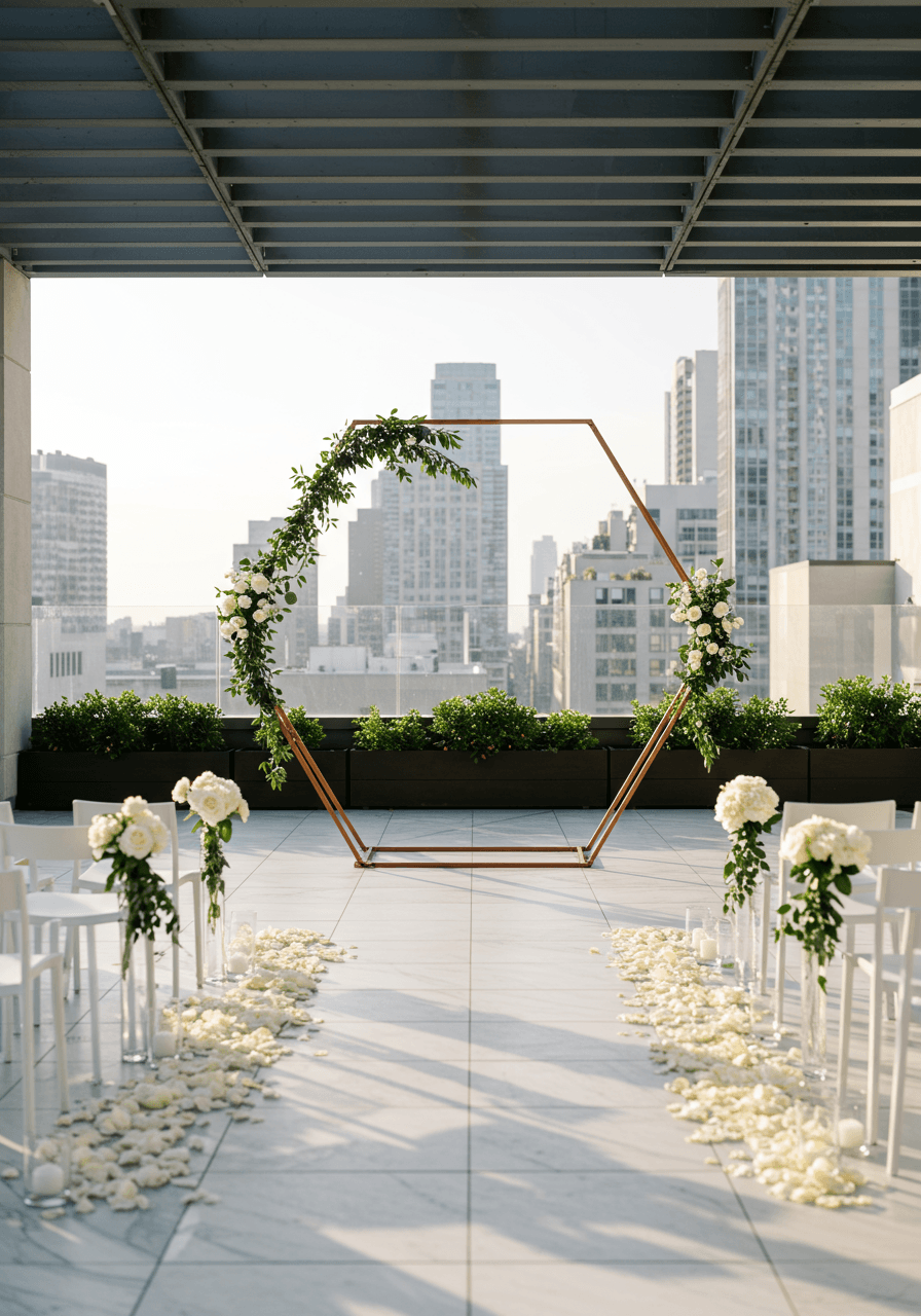 Modern hexagonal copper wedding arch with minimalist greenery on urban rooftop garden