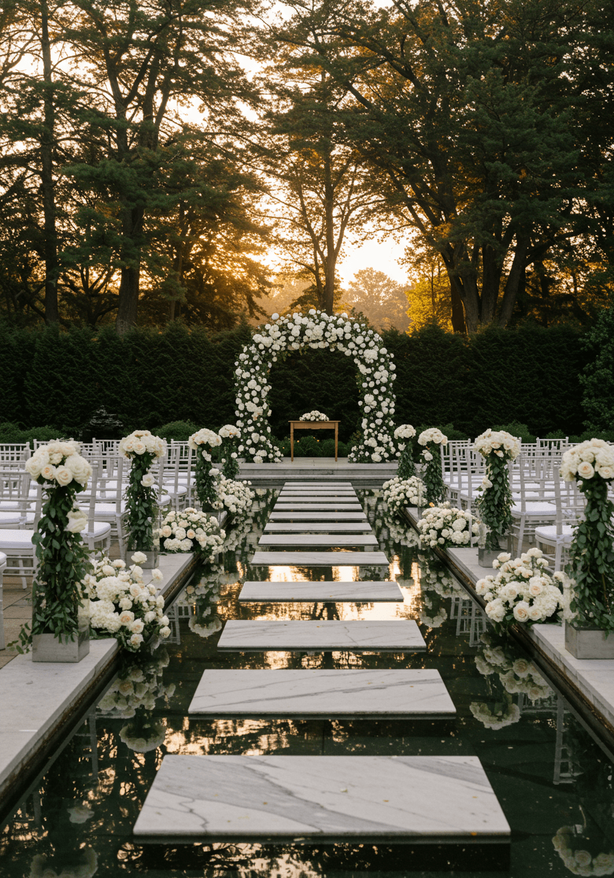 Grand formal garden wedding with reflecting pools and classical archway in golden hour light