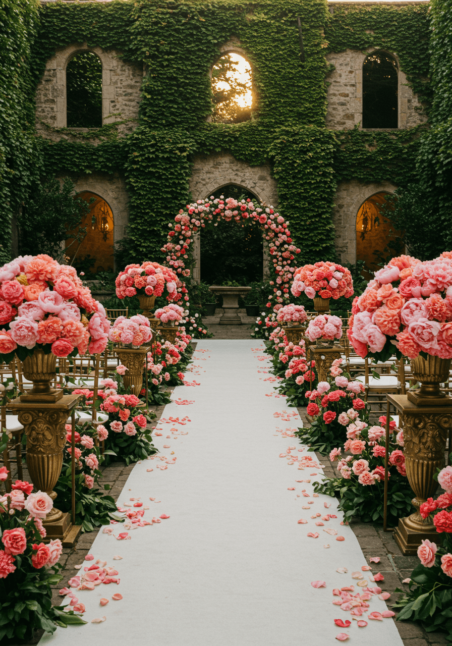 Lavish peony garden wedding with oversized blooms creating opulent aisle in courtyard setting