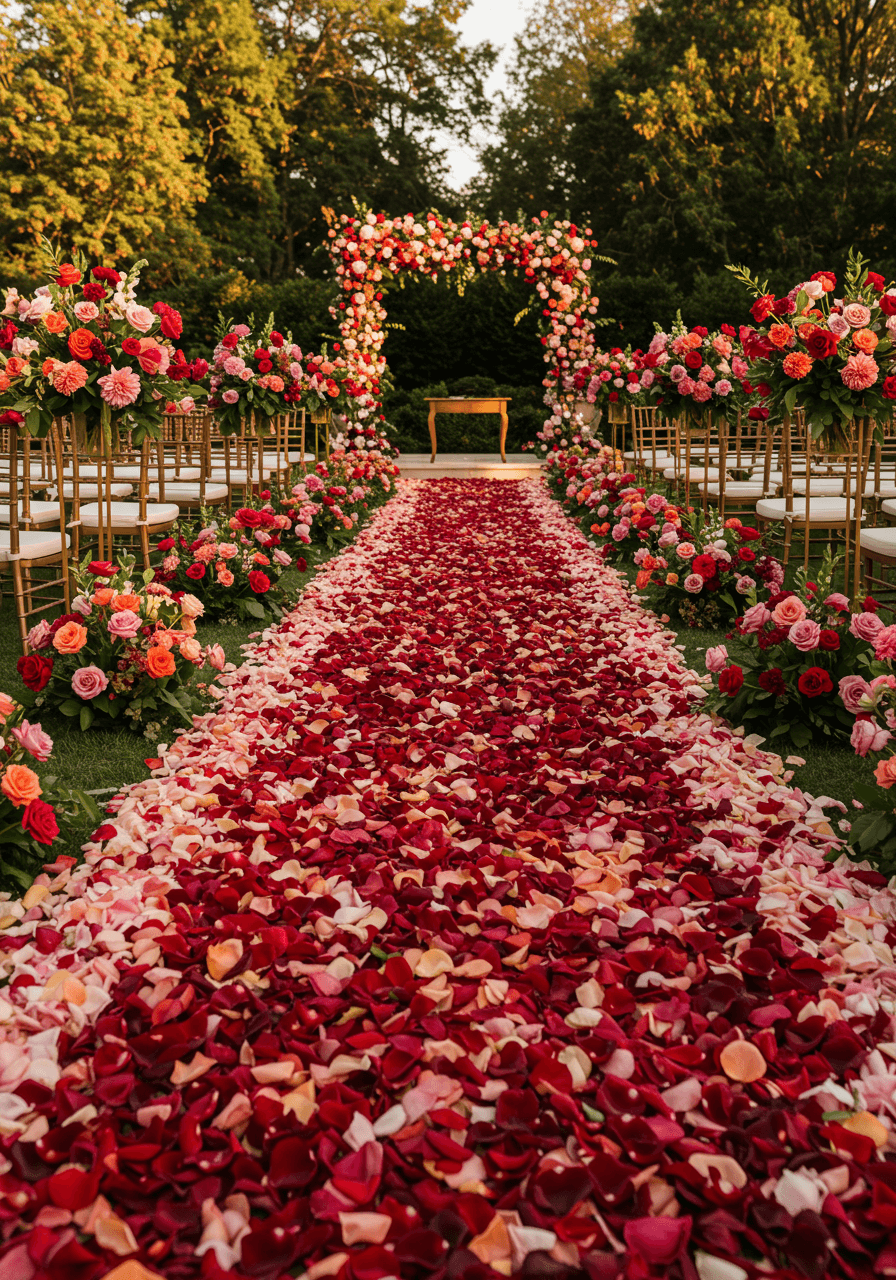 Luxurious wedding aisle covered in thick carpet of scattered rose petals in multiple colours