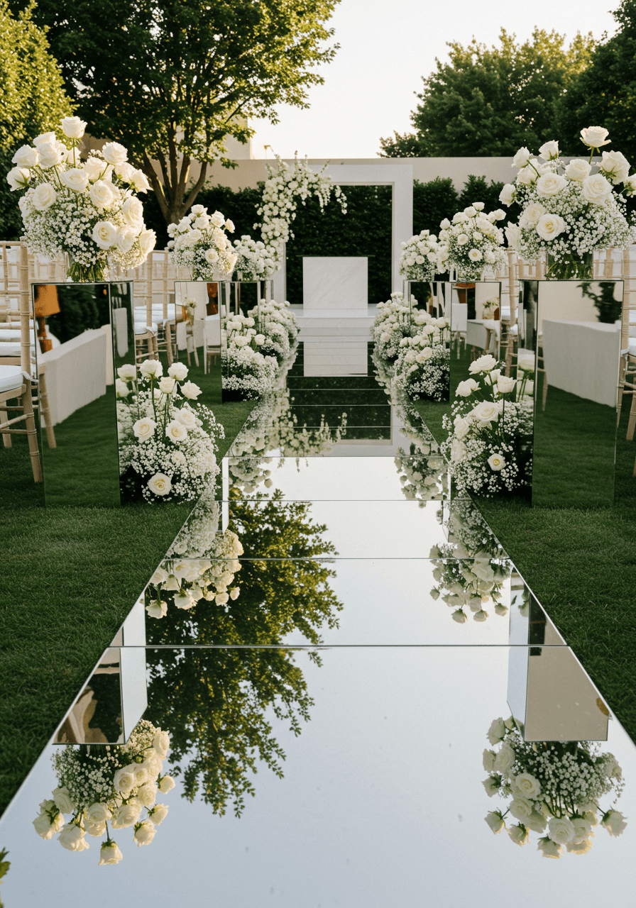 Sleek mirrored wedding aisle reflecting sky and clouds with minimalist white floral arrangements